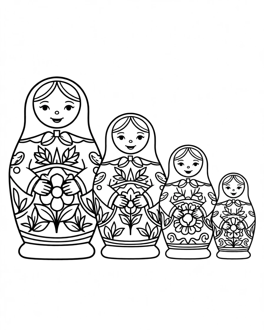 A set of nesting dolls lined up from largest to smallest