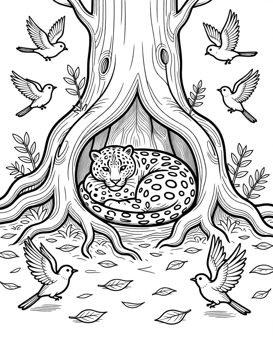 A snow leopard curled up in a den surrounded by roots, with a flock of small birds scattering nearby.