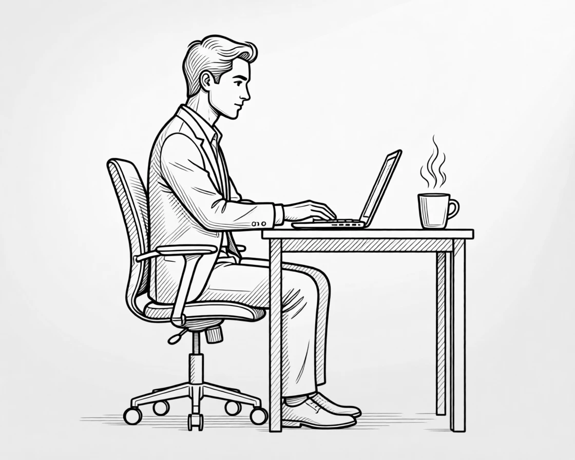A office worker typing at a desk with a cup of coffee nearby