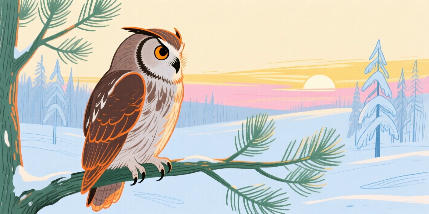 A wise old owl watching the horizon in a snowy pine forest at sunrise.