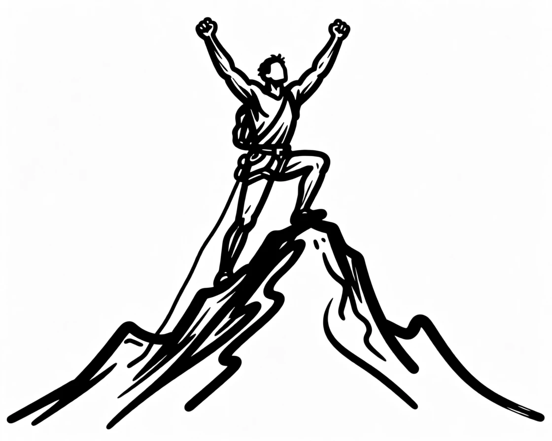A mountain climber reaching the summit with arms raised in triumph.