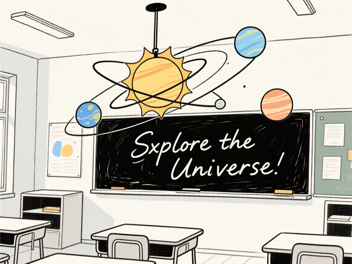 A classroom scene with a model of the solar system hanging from the ceiling.