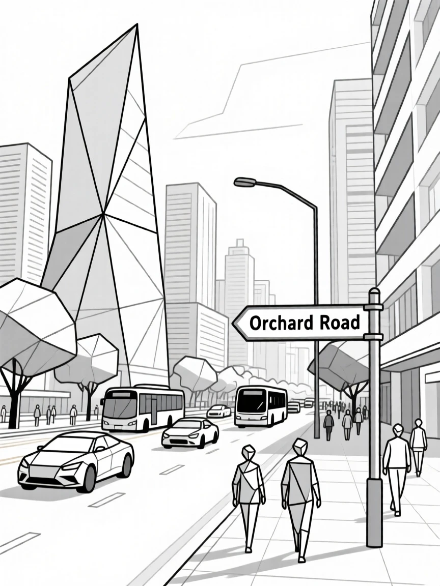 A busy Singapore street framed by futuristic architecture