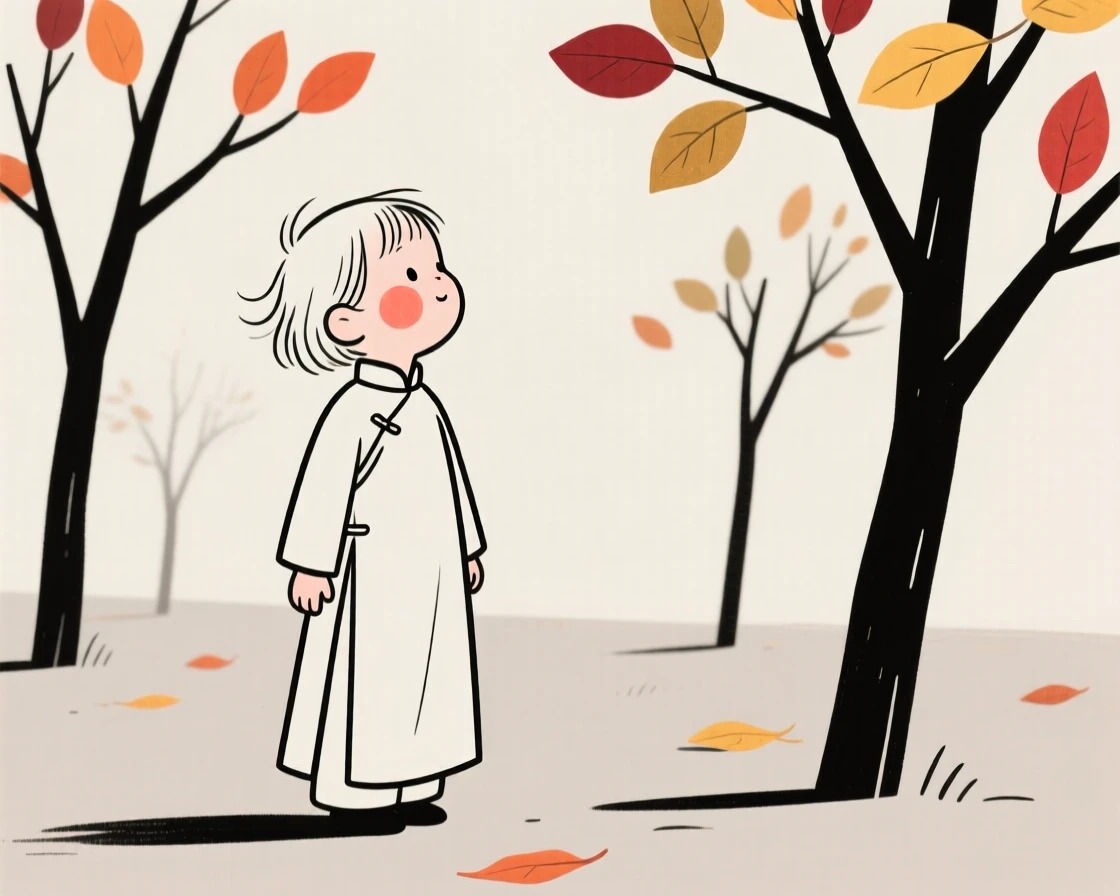 A toddler of Norwegian heritage wearing a Vietnamese ao dai, looking hopeful toward the horizon, in an autumn orchard.
