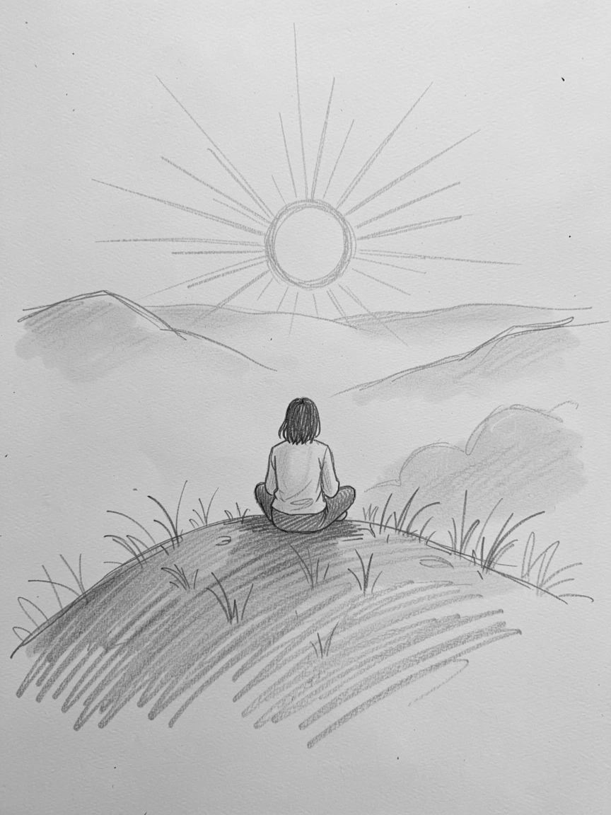 A person watching the sunrise from a hilltop, amid gentle morning mist, radiating quiet hope and renewal.