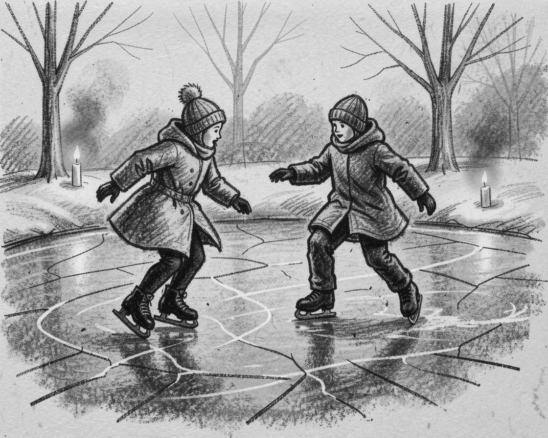 Children ice skating on a frozen pond at dusk, as soft candlelight flickers nearby.