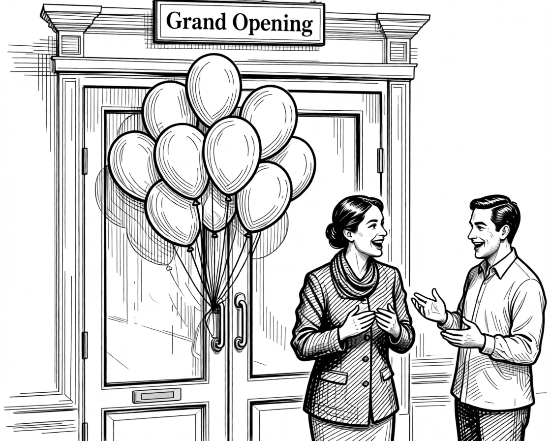 A joyful celebration of a new business opening with balloons at the front door.