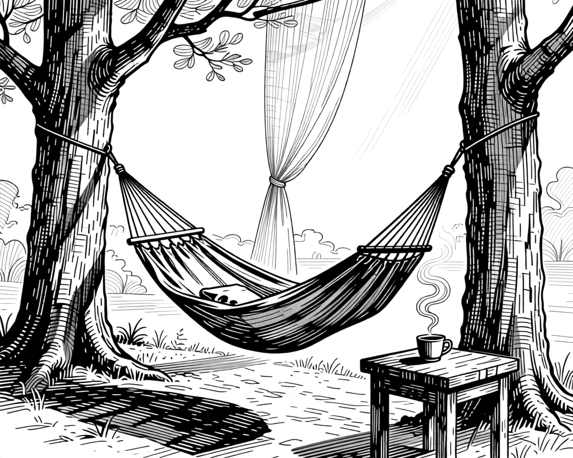 A hammock strung between two trees at sunset as morning light filters through gauzy curtains, with the gentle curl of steam from a warm drink, evoking a simply content sense of calm.