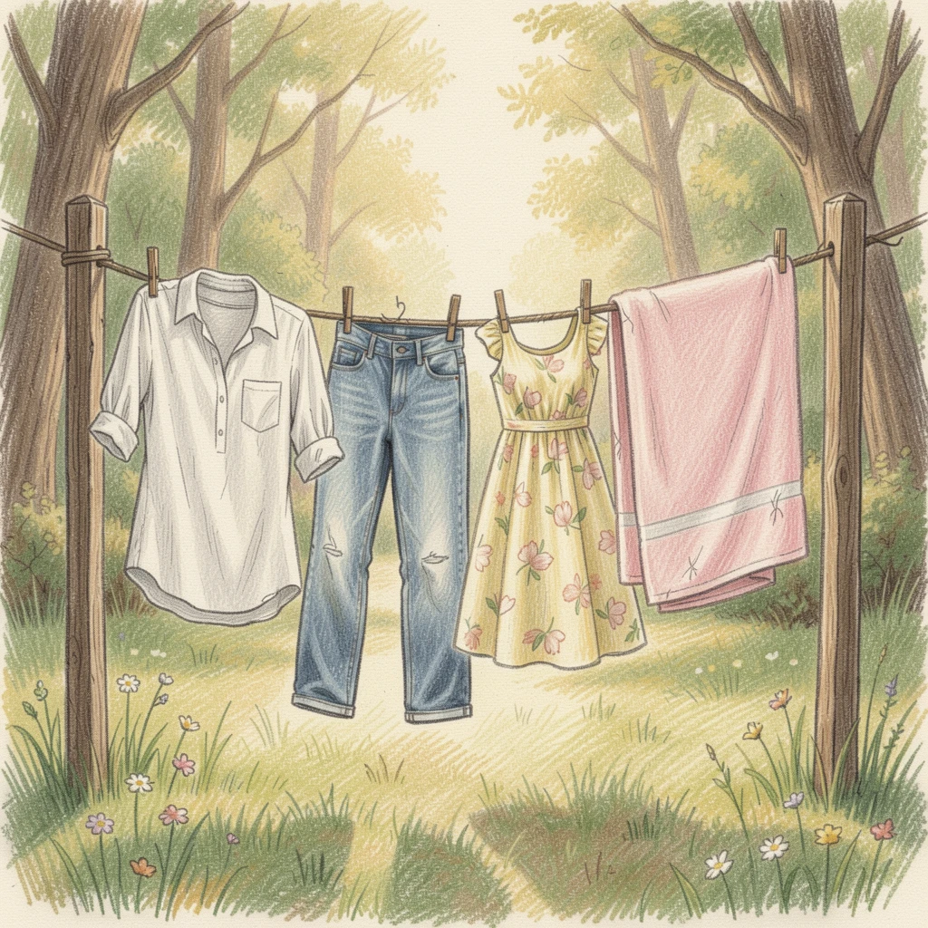 A countryside clothesline strung with fluttering laundry in the breeze, set against a softly lit, atmospheric backdrop, full of charm, emotion, and visual delight.