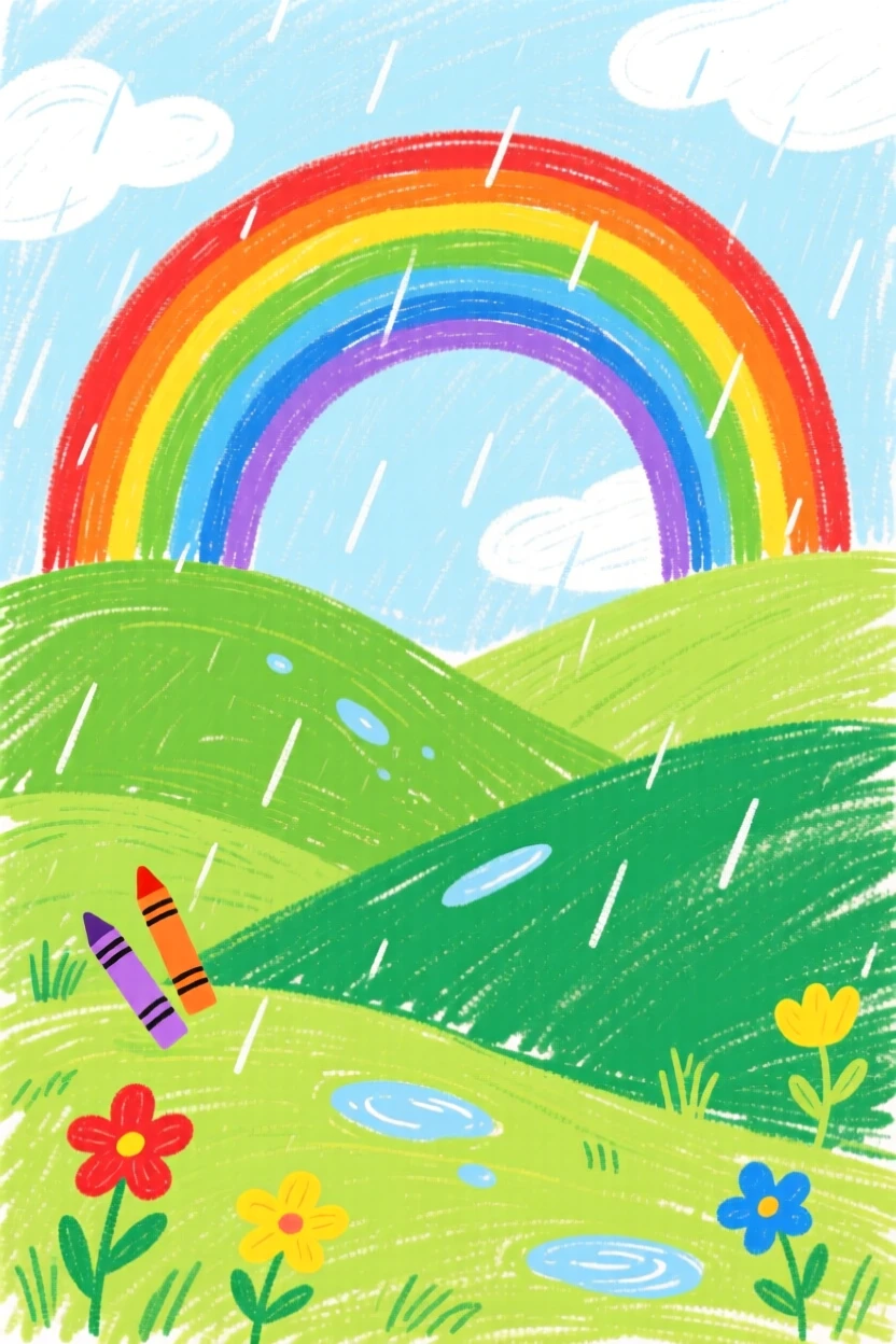 A vibrant rainbow arching over green hills after summer rain.
