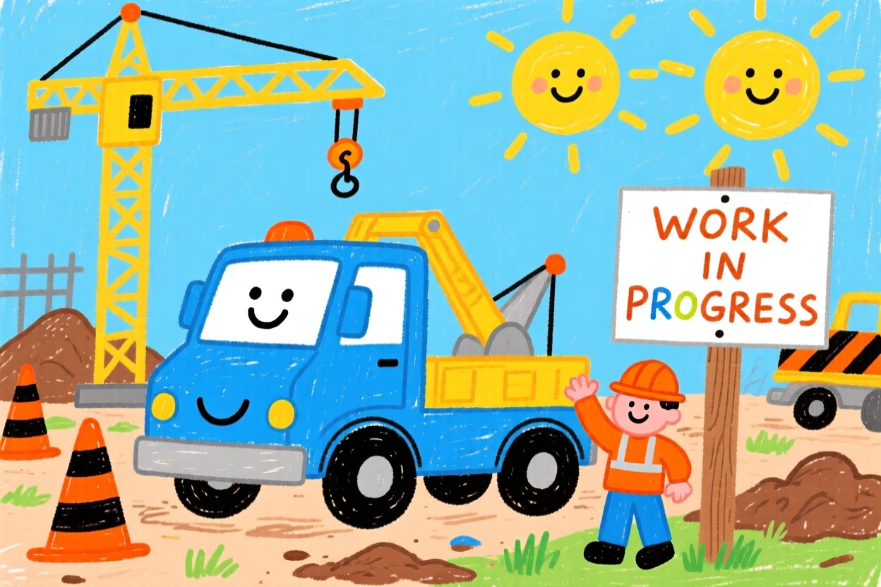 A bright blue tow truck working at a busy construction site.