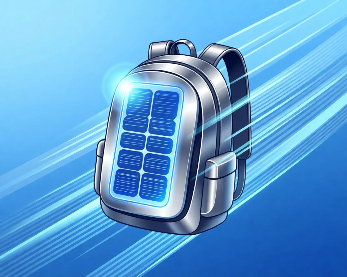 A smart backpack with a glowing solar charging panel, set against a backdrop of soft ambient blue light, composed with dynamic diagonal lines suggesting motion, with sleek metallic textures catching soft light.