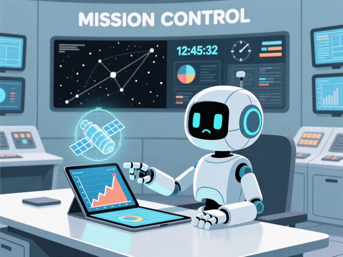 A small robot collaborating on a project in a mission control room.