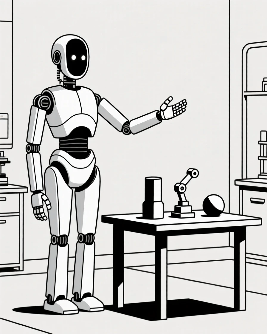 A view of humanoid robot greeting visitors operating within a high-tech laboratory, near precision robotic components, evoking futuristic optimism.