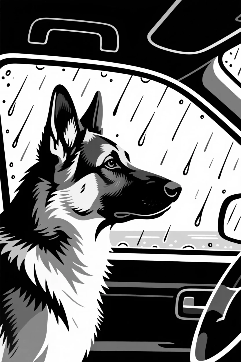 A loyal German shepherd looking out a rainy car window.