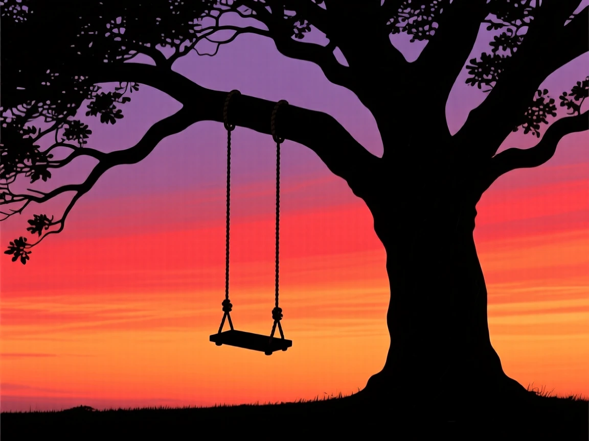 A single swing hanging from a tall oak tree, swaying gently in the breeze.