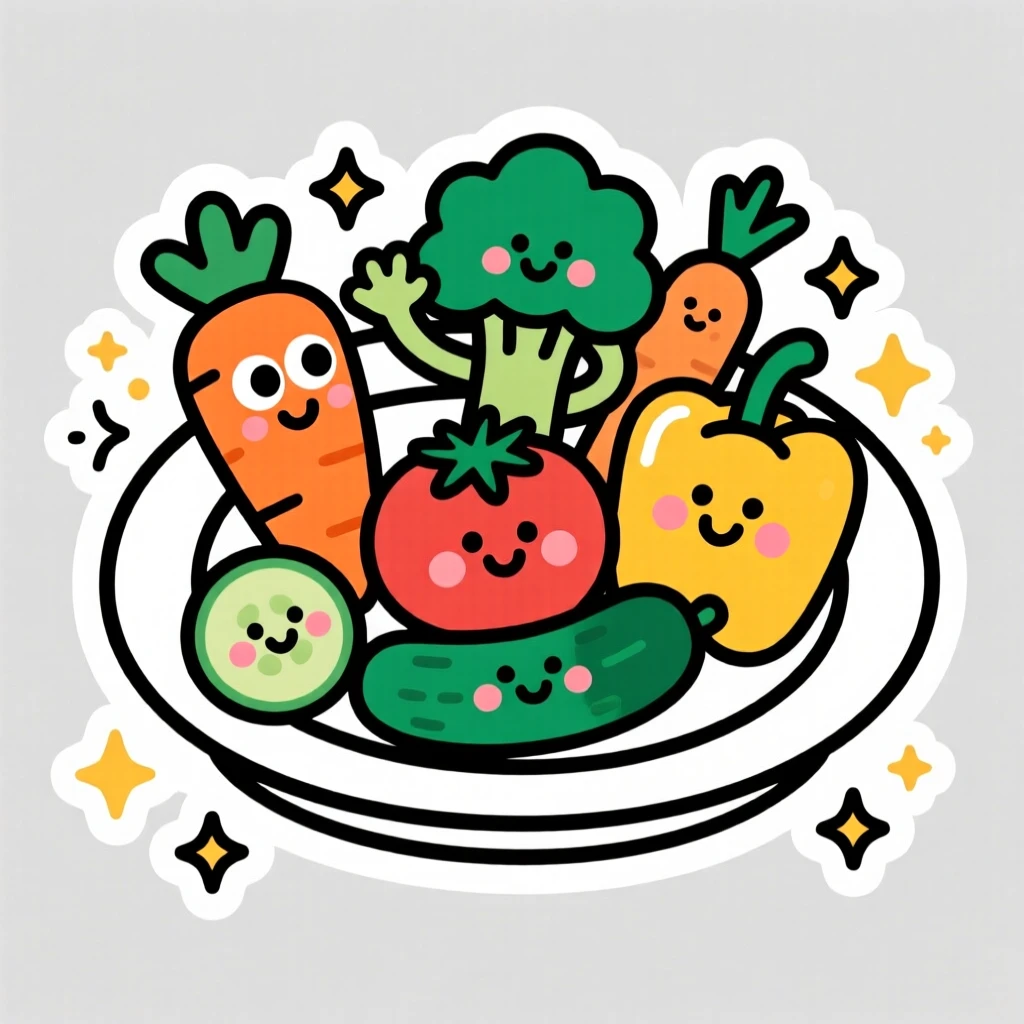 A bright and friendly friendly vegetable characters forming a healthy plate, surrounded by sparkles of curiosity, in a colorful and encouraging style.