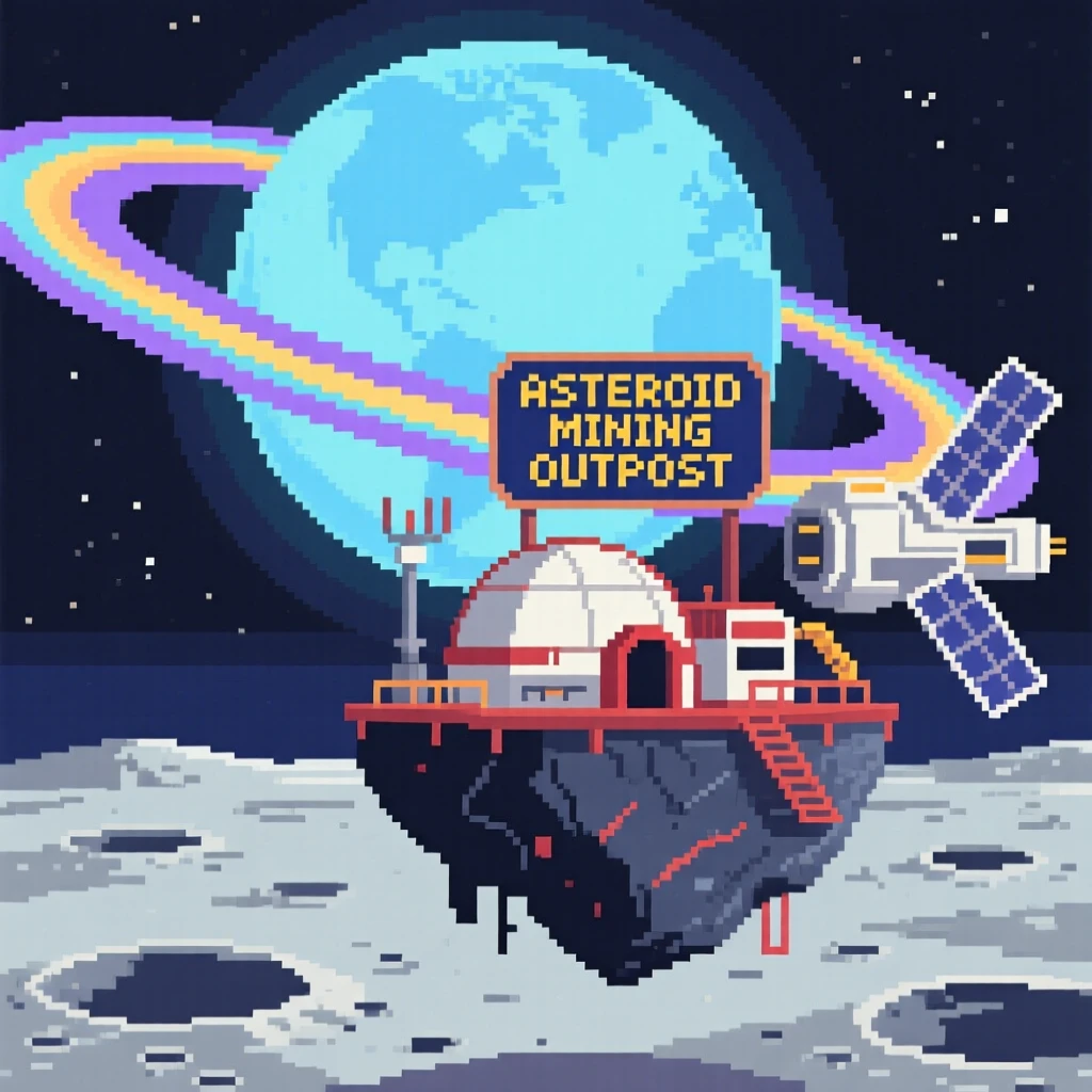 A space station orbiting a ringed planet setting up camp on a quiet alien moon, on a floating asteroid mining outpost.
