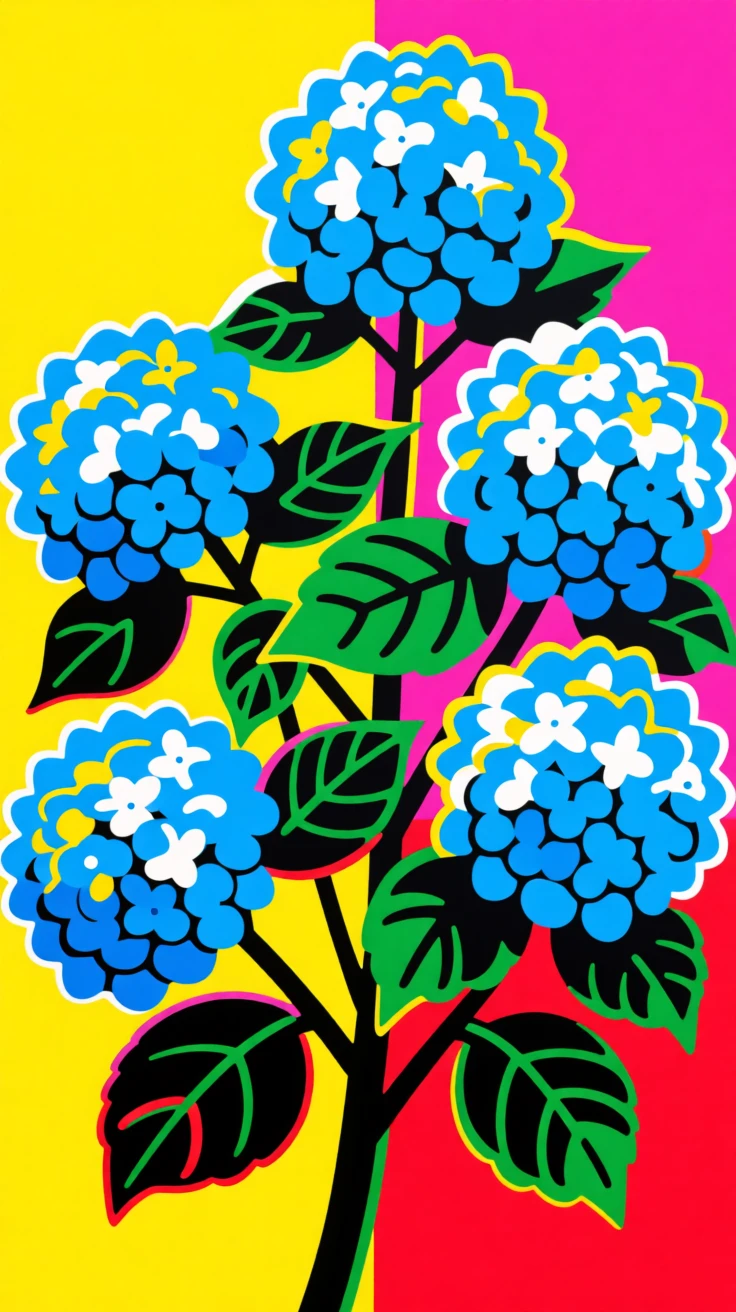 Hydrangea bush with clusters of blue blooms