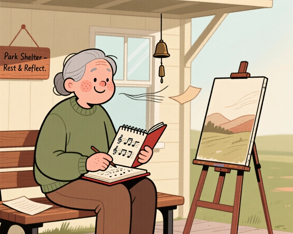 A elderly painter sits on a park bench practicing an old folk song, fully absorbed as a cool breeze drifts through the open window.