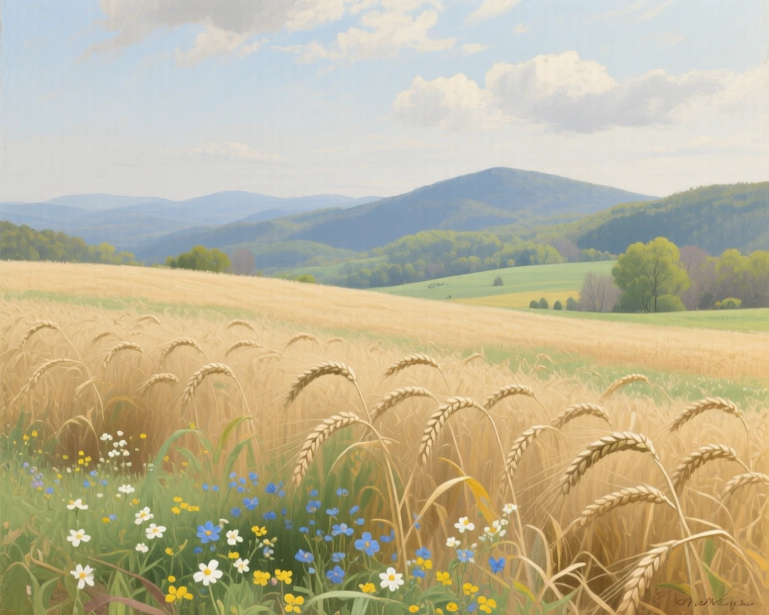 A panoramic view of a wheat field swaying gently under an open sky, in the Appalachian mountains, as spring blossoms open.
