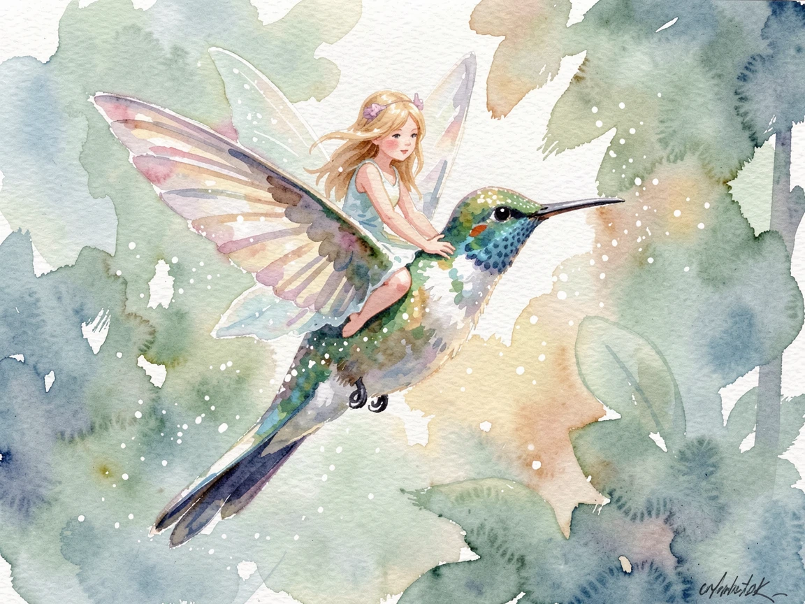 A small fairy riding on the back of a hummingbird surrounded by sparkling mist.