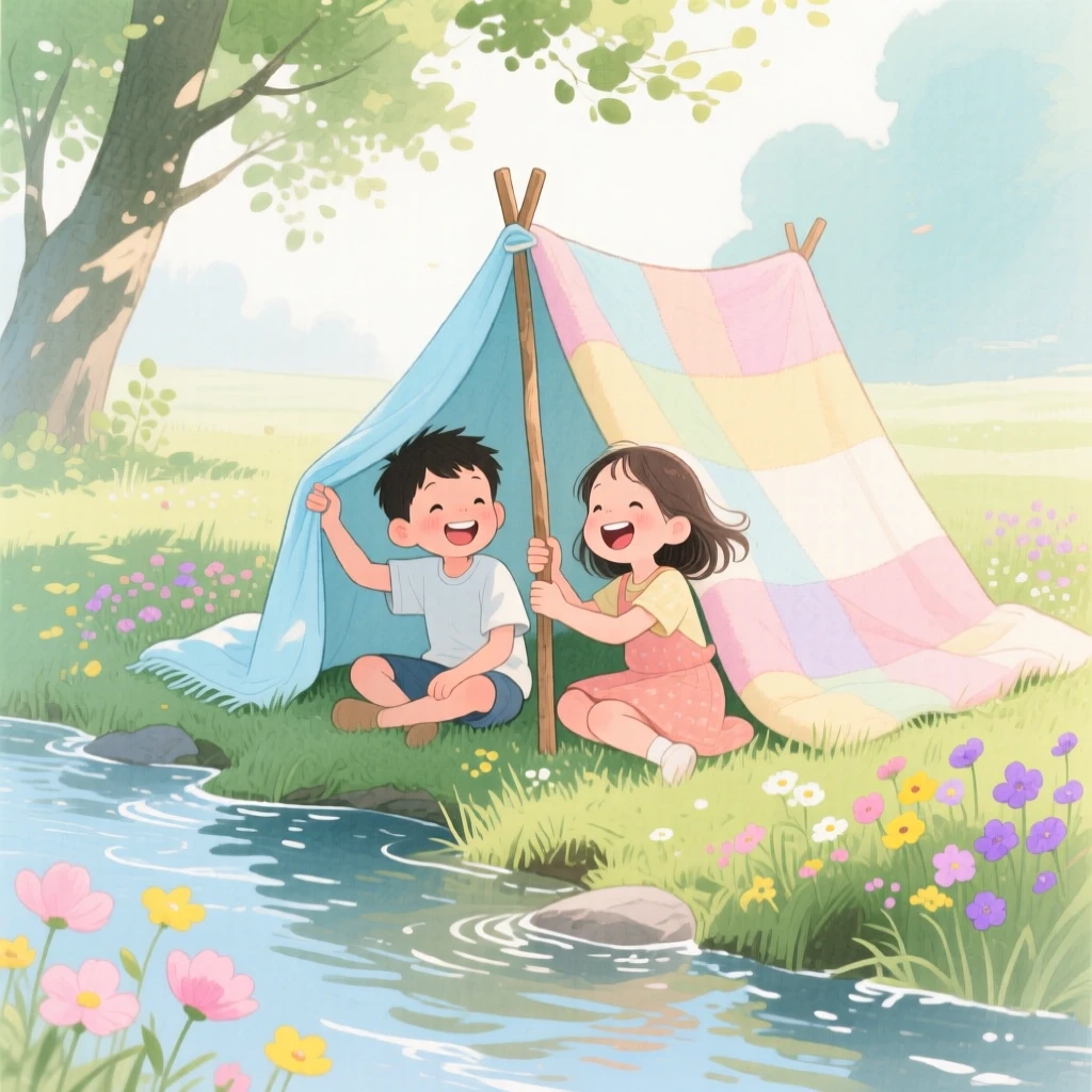 Two giggling siblings builds a small fort out of blankets near a babbling brook, laughter and joy filling the warm afternoon air