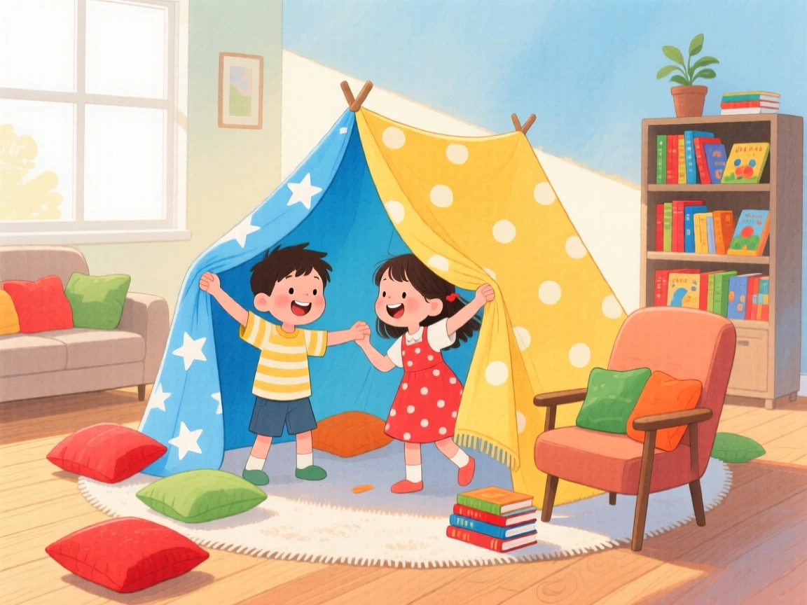 A joyful scene of siblings building a blanket fort in the living room.