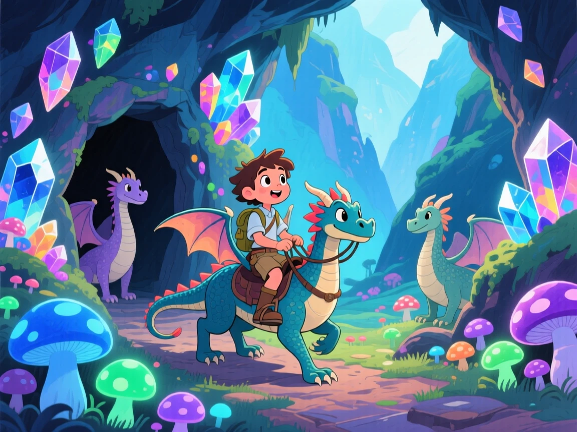 A dragon rider exploring a crystal cave lit by glowing mushrooms, in a hidden valley guarded by gentle dragons, brimming with enchantment and discovery.