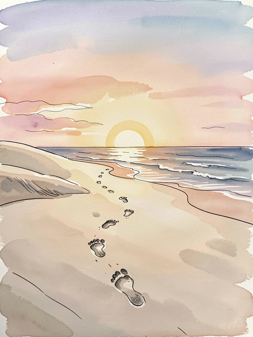 A trail of footprints leading toward a glowing sunrise on an empty beach, a feeling of quiet determination and resilience.