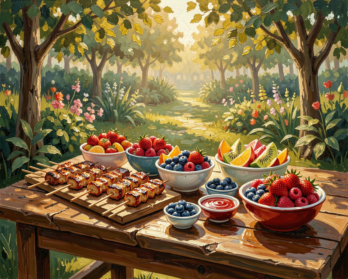 On a rustic wooden table set in a garden, a spread of colorful street food at a night market, sunlight catching the glisten of fresh berries, in the warm light of early morning.