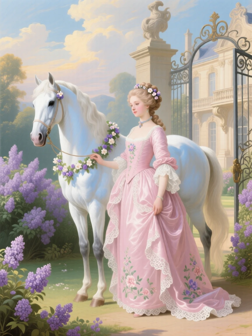 A princess standing beside a white horse in a garden of lilacs  