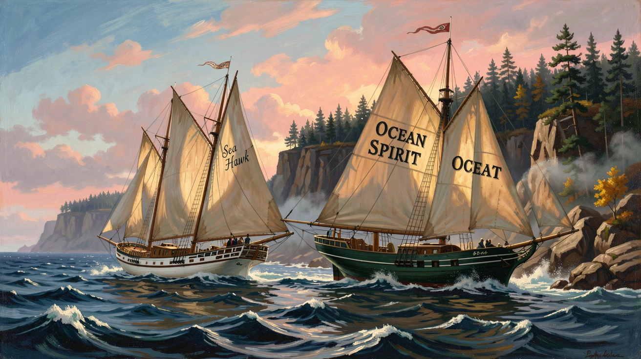 A schooner races another ship across open water toward a rocky coast.