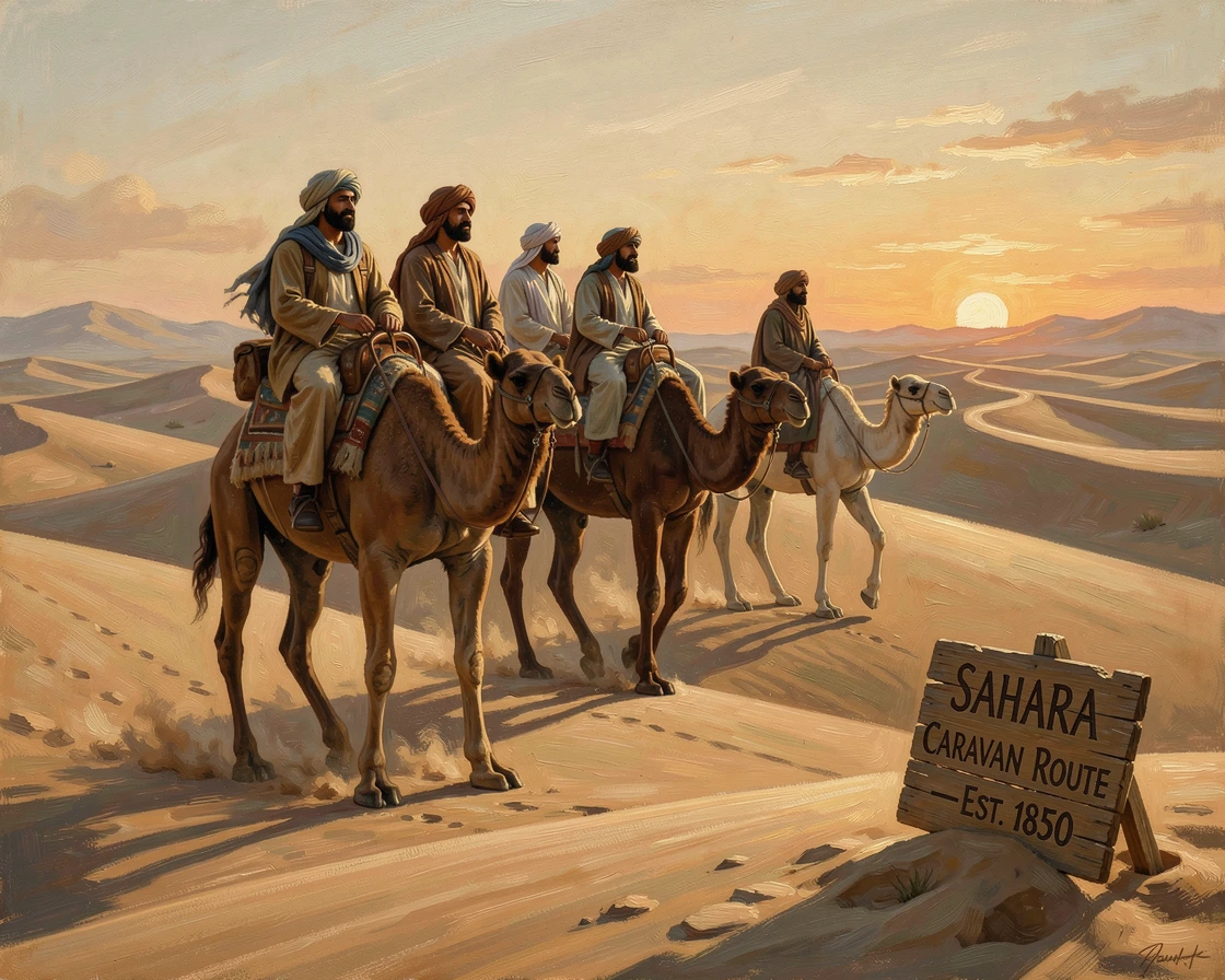A group of travelers riding camels across the dunes of the Sahara at sunset, as the golden light of dawn or dusk sets the perfect adventurous mood, offering a vivid, awe-inspiring window into a far-off adventure