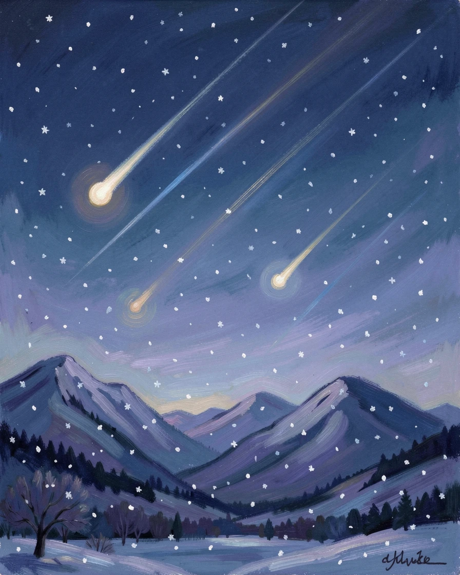 A meteor shower streaking across a clear night sky above a silhouetted mountain range, amid a gentle winter snowfall, inspiring awe at the beauty of the scene.