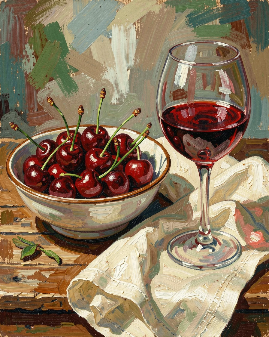 A bowl of cherries beside a linen cloth and a half-poured glass of red wine.