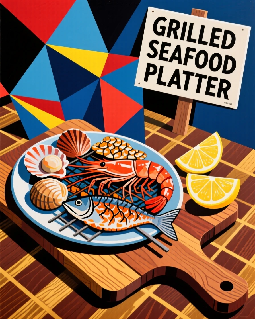 A grilled seafood platter served on a wooden board beside citrus wedges.