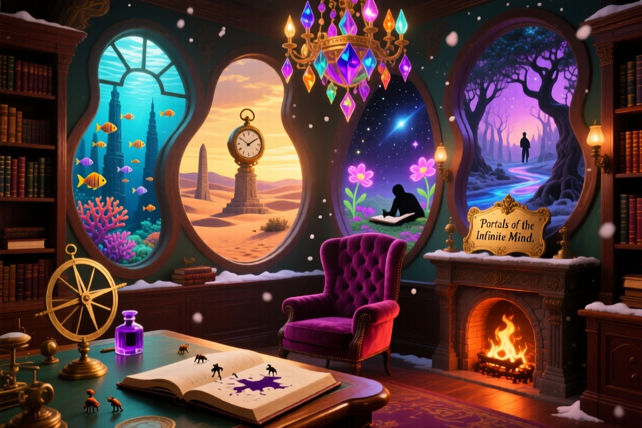 A study room lined with windows opening onto different worlds glows warmly beneath a soft evening sky, as soft snow drifts silently past warmly lit windows.
