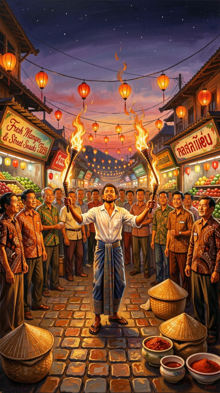 A street performer juggles flaming torches beneath a circle of onlookers in a bustling evening market square, small cultural details woven throughout the scene, grounding it in a specific time and place.