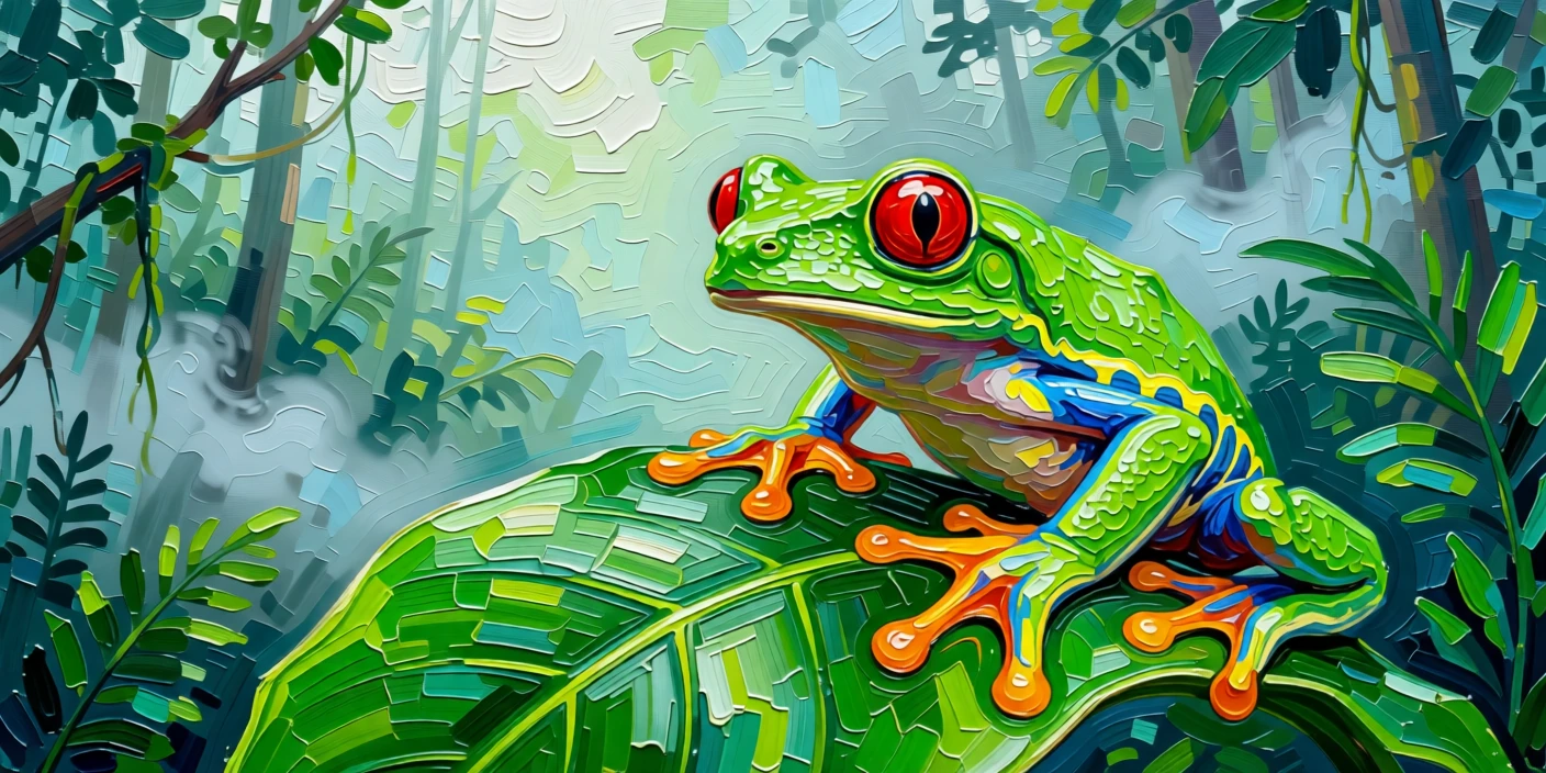 A red-eyed tree frog clinging to a vivid green leaf in a misty rainforest