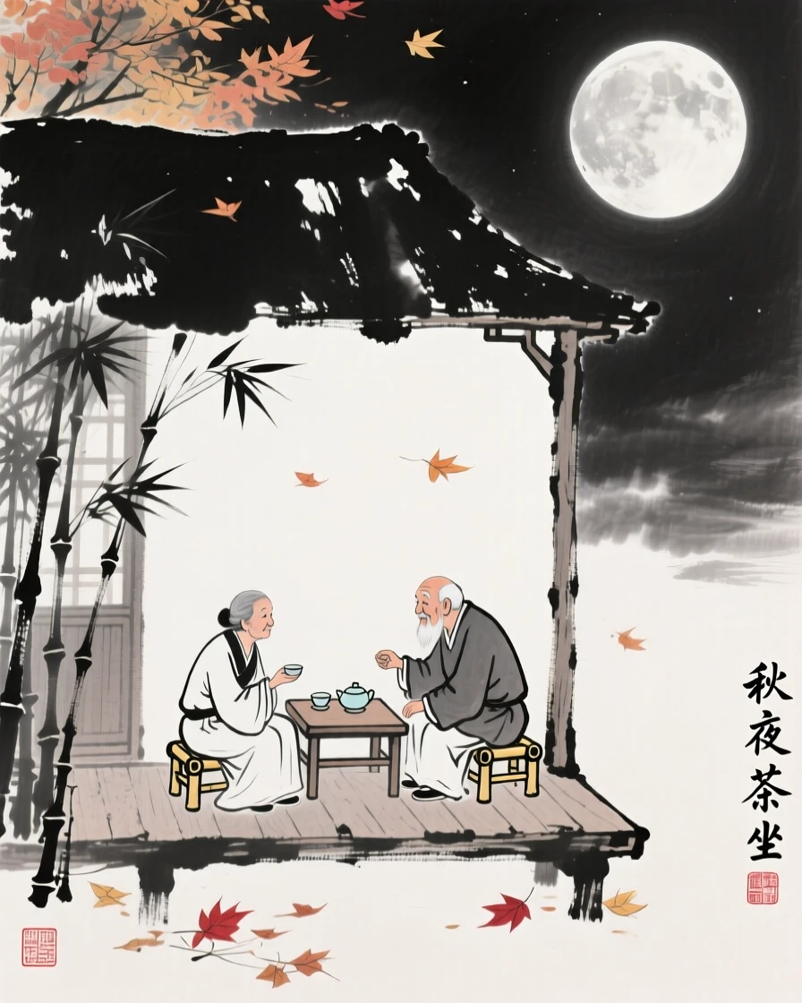 An elderly couple shares tea on their porch beneath the bright autumn moon, as the moon casts a silver glow over the gathering.