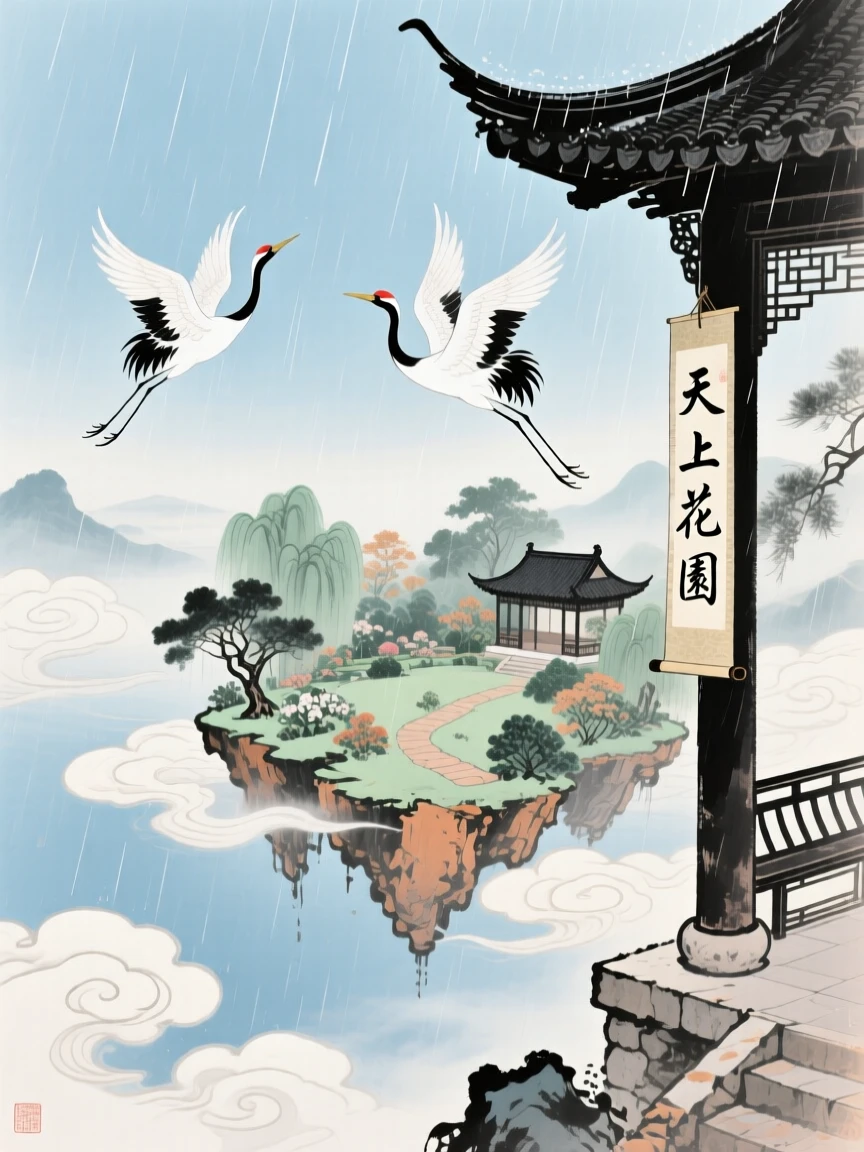 A celestial garden suspended above the clouds, reachable only by cranes, through a curtain of fine rain, at midday.