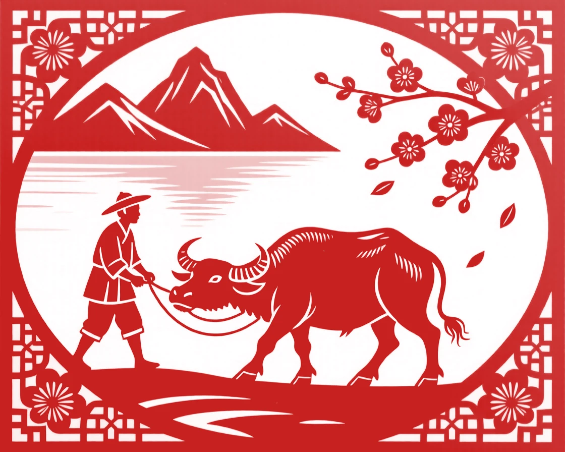A composition of a farmer leading a water buffalo beside a still mountain lake, petals drifting down from a blossoming branch nearby.
