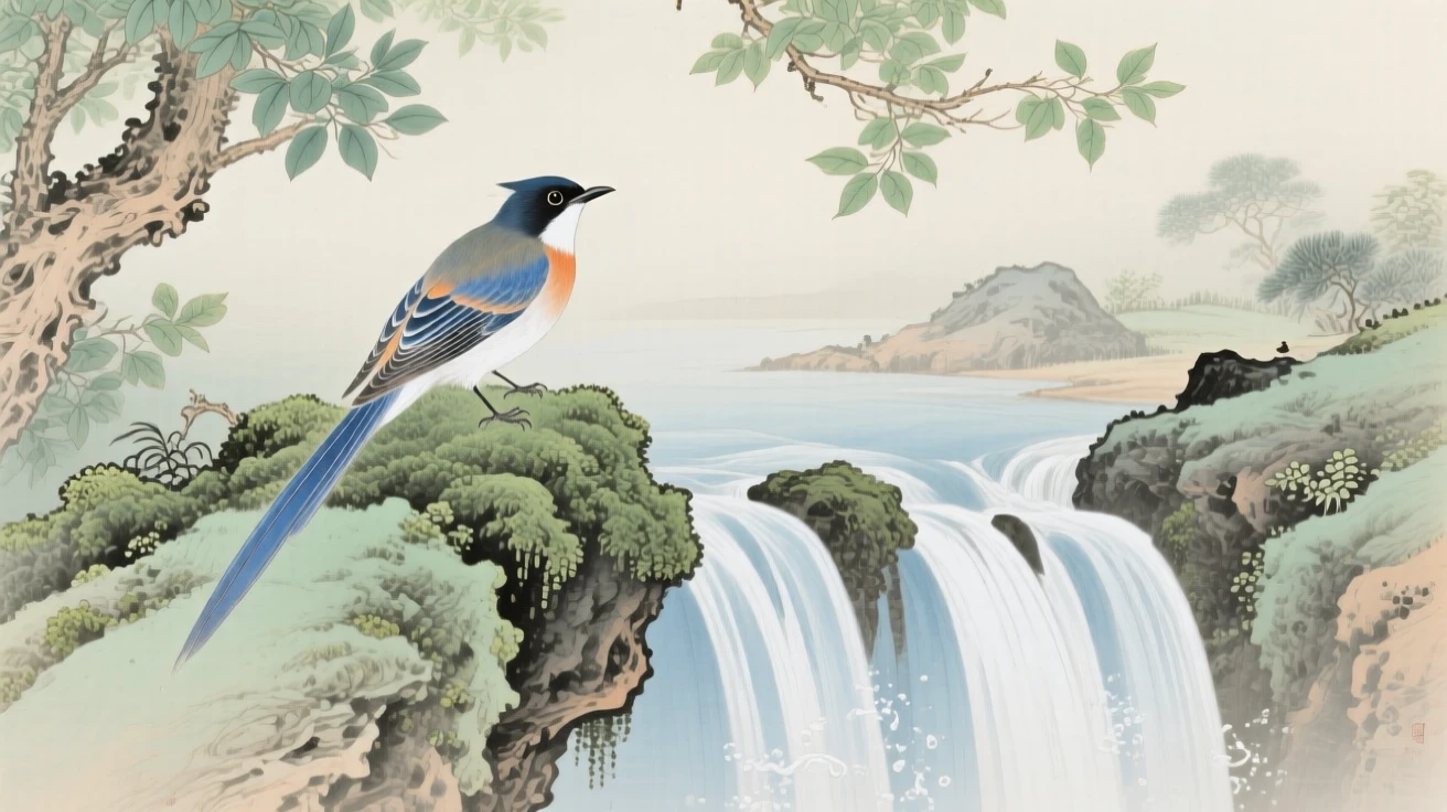 A paradise flycatcher perched atop a moss-covered rock near a waterfall, soft morning light filtering through the branches