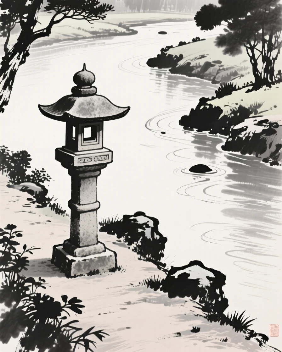 A stone lantern along a garden path beside a quiet, meandering river, viewed from below to emphasize its quiet grandeur, capturing a serene blend of nature and human presence.