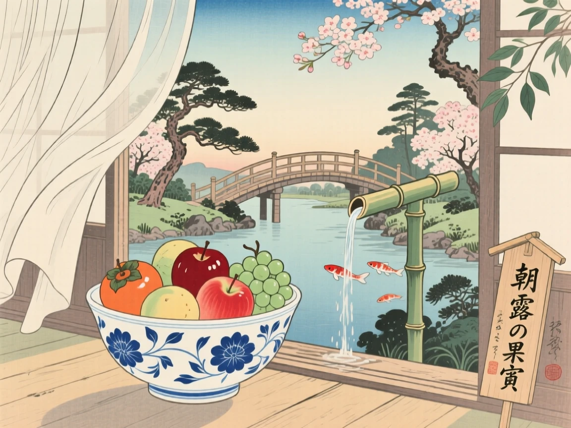A hand-painted porcelain bowl of fruit cooling in the early morning breeze.
