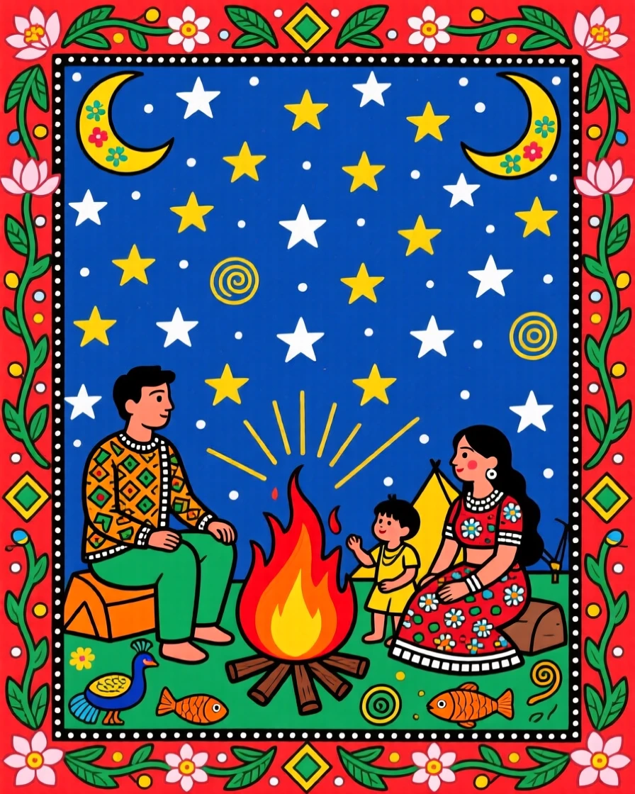 A family camping beneath a sky full of stars beside a crackling fire.
