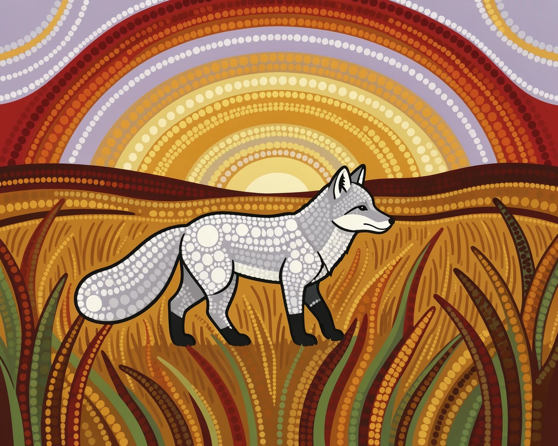 A arctic fox crossing an open grassland at dawn