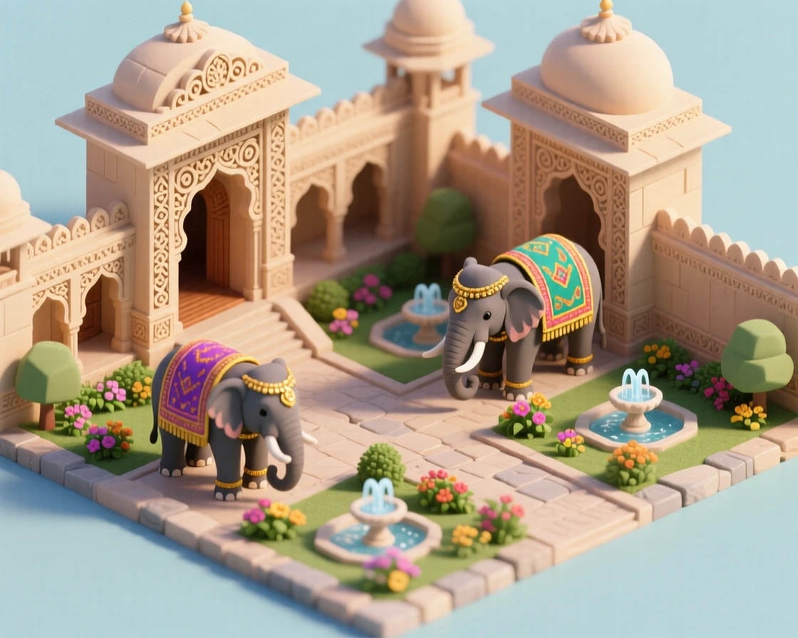 An ancient Indian palace with intricately carved sandstone archways, a courtyard garden, and elephants adorned in colorful cloth.