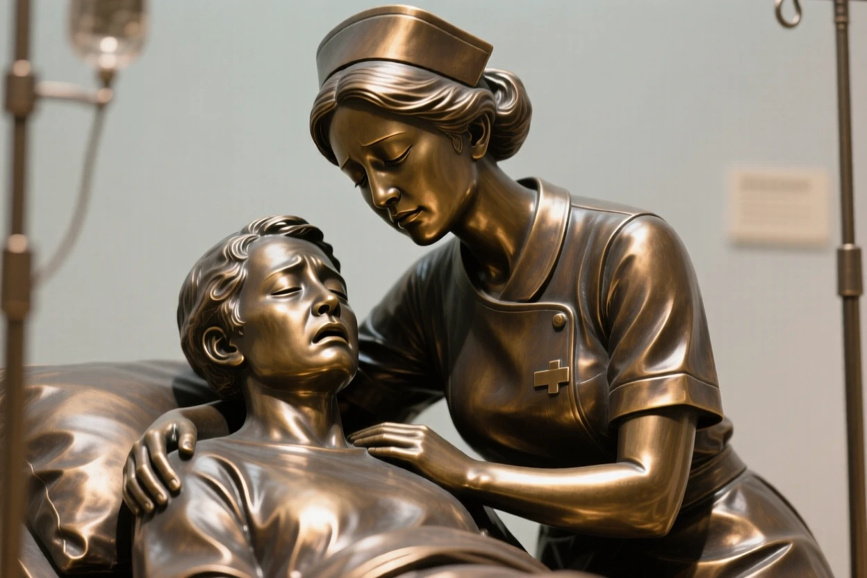 A nurse comforting a frightened patient before surgery, with eyes closed in peaceful serenity, forming a strong central focal point
